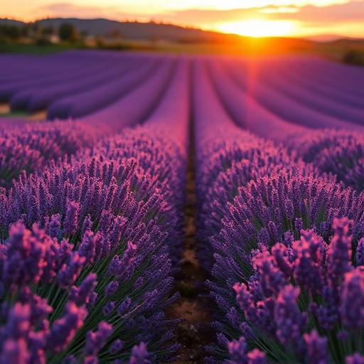 Champs de lavande en Provence illumin√©s par le soleil couchant