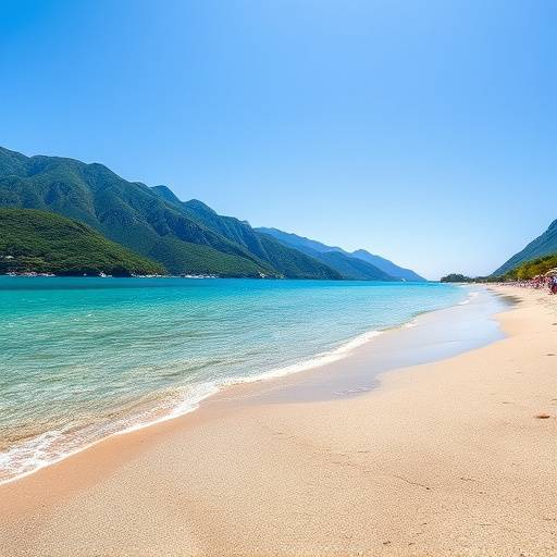 Plage de sable fin et eaux turquoises en Corse, entourée de montagnes verdoyantes.