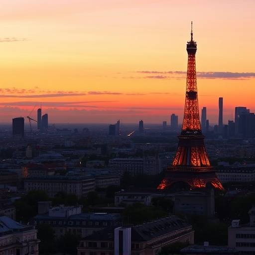 Vue panoramique de Paris avec la Tour Eiffel illuminée au coucher du soleil.
